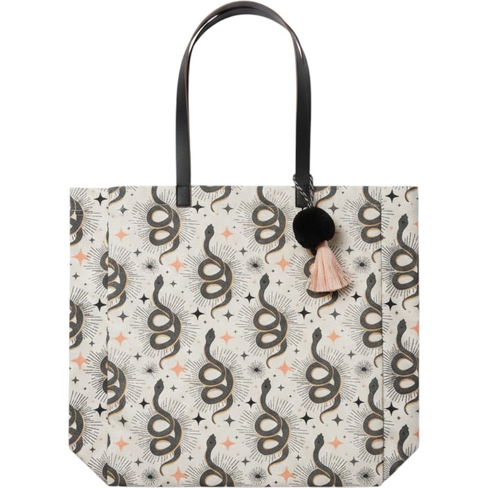 NWOT Celestial Snake Print Canvas Tote Bag Tassel Charm Boho Shoulder‎ Bag